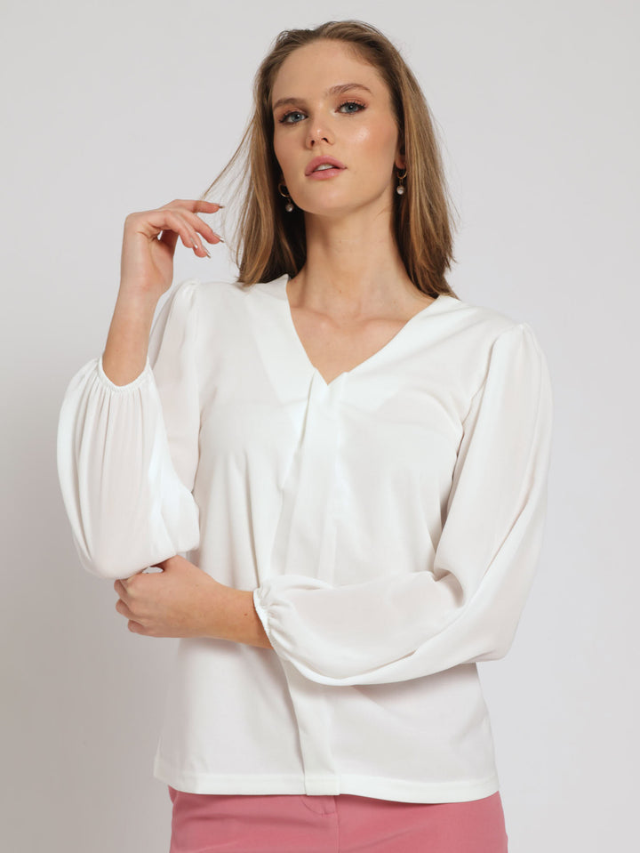 V-Neck Placket Combo Blouse - Cream