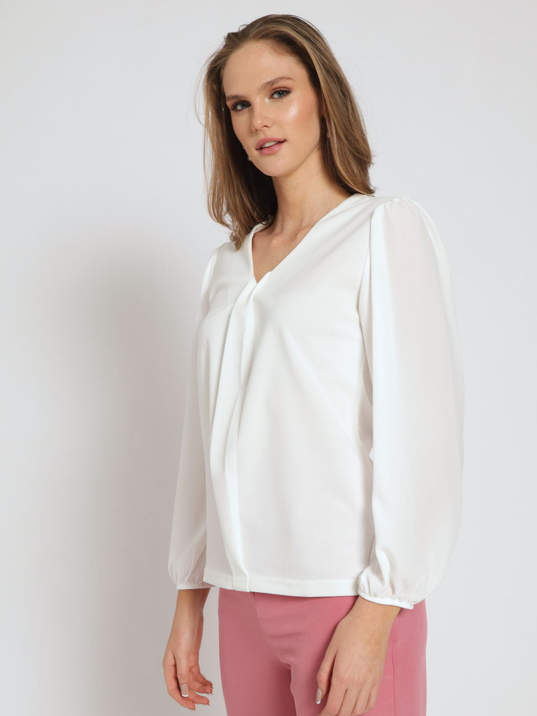 V-Neck Placket Combo Blouse - Cream