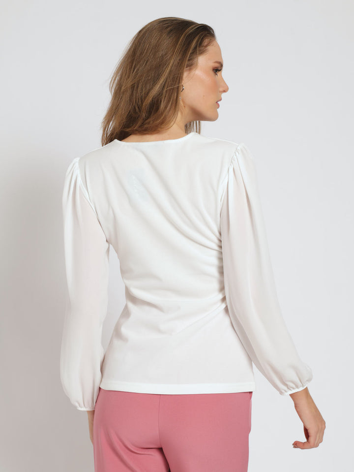 V-Neck Placket Combo Blouse - Cream