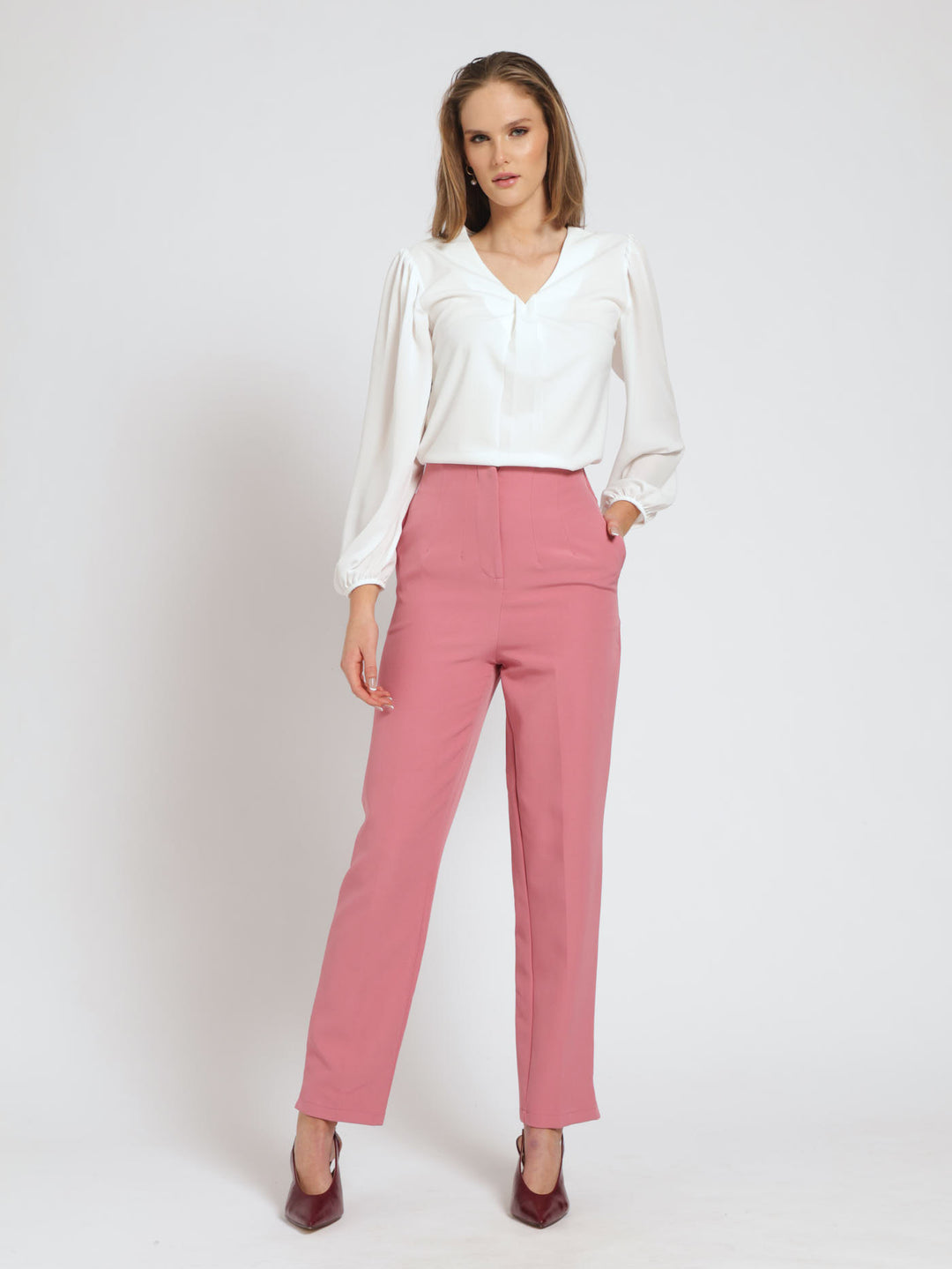 Darted Elasticated Waist Slim Leg Pants - Dusty Pink