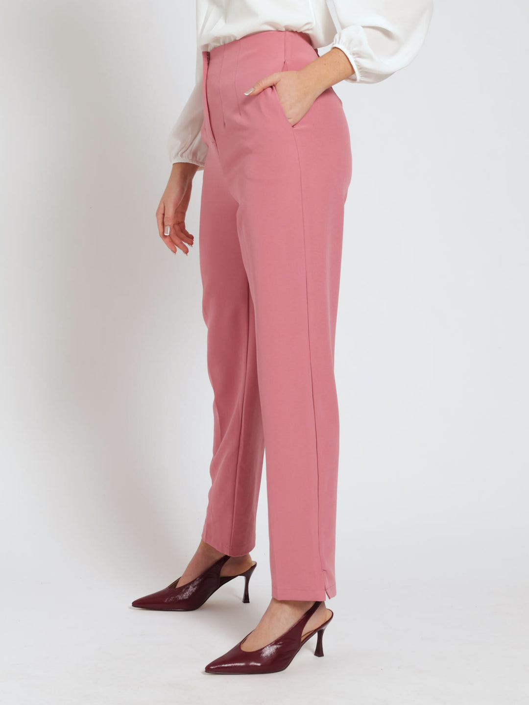 Darted Elasticated Waist Slim Leg Pants - Dusty Pink