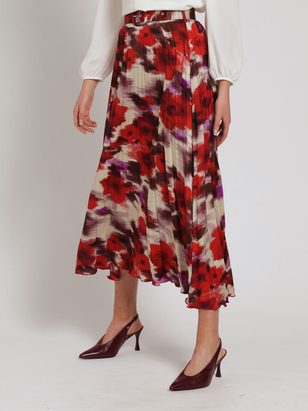 Belted Satin Pleated Midi Skirt