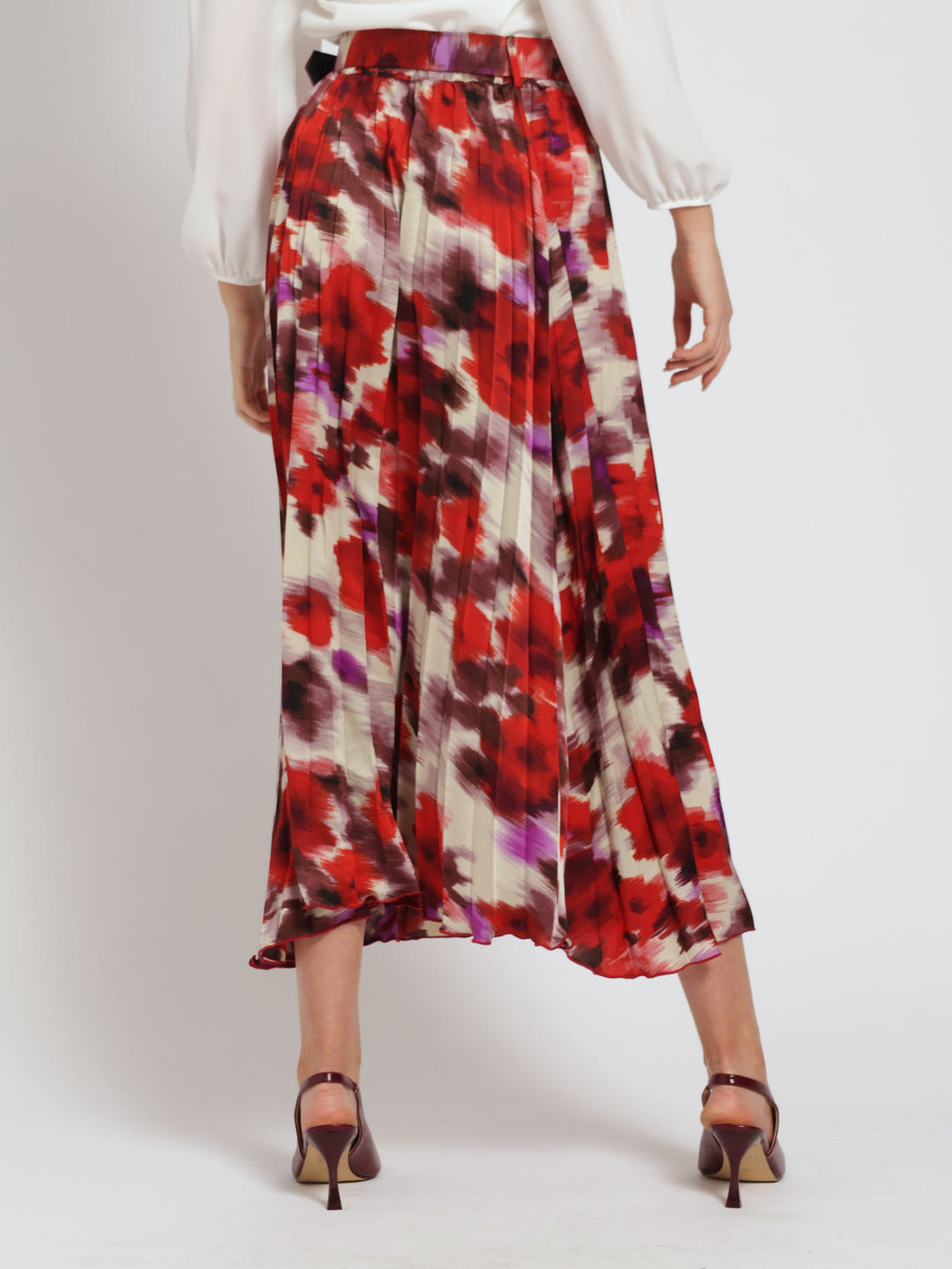 Belted Satin Pleated Midi Skirt