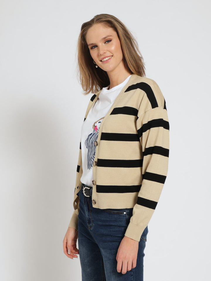 Regular Cardigan With Buttons - Black/Beige