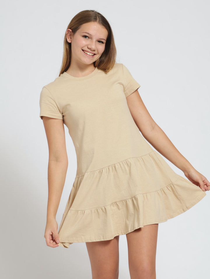 Girls 2 Tier Knit Dress - Stone