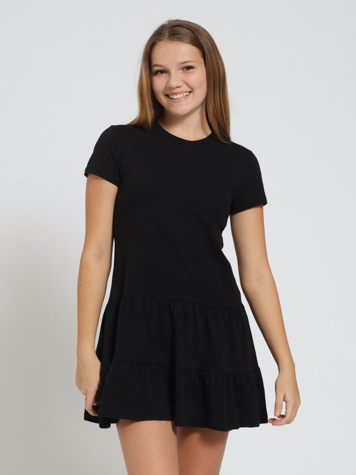 Girls 2 Tier Knit Dress - Black