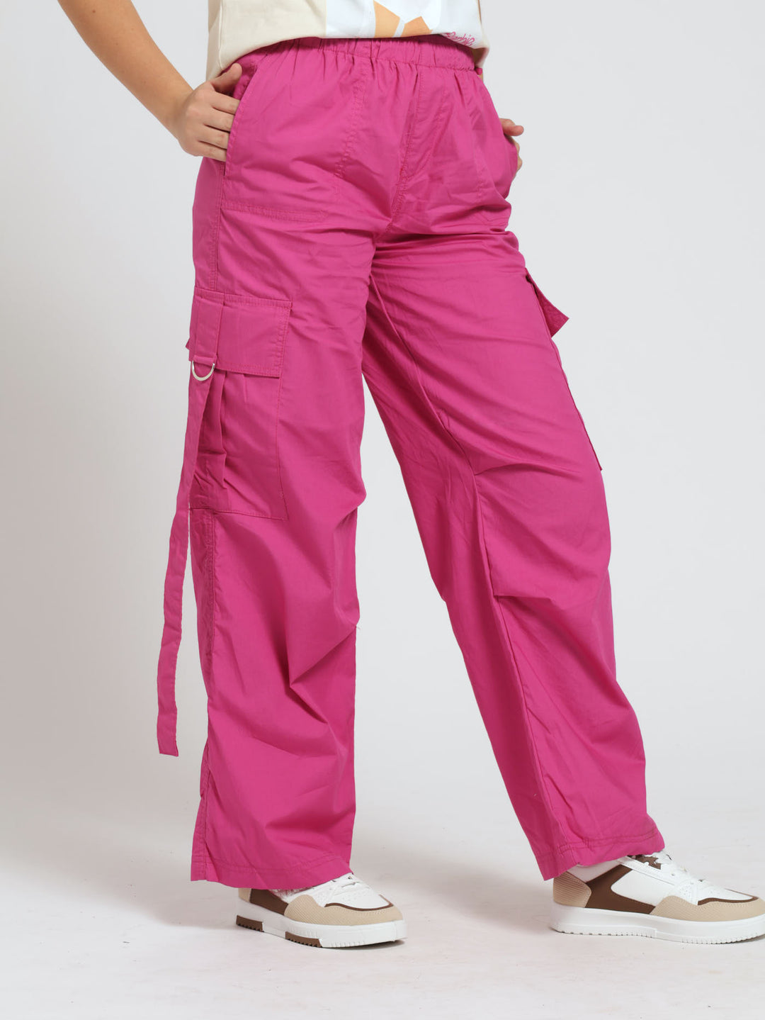 Girls Belted Parachute Pants - Cerise