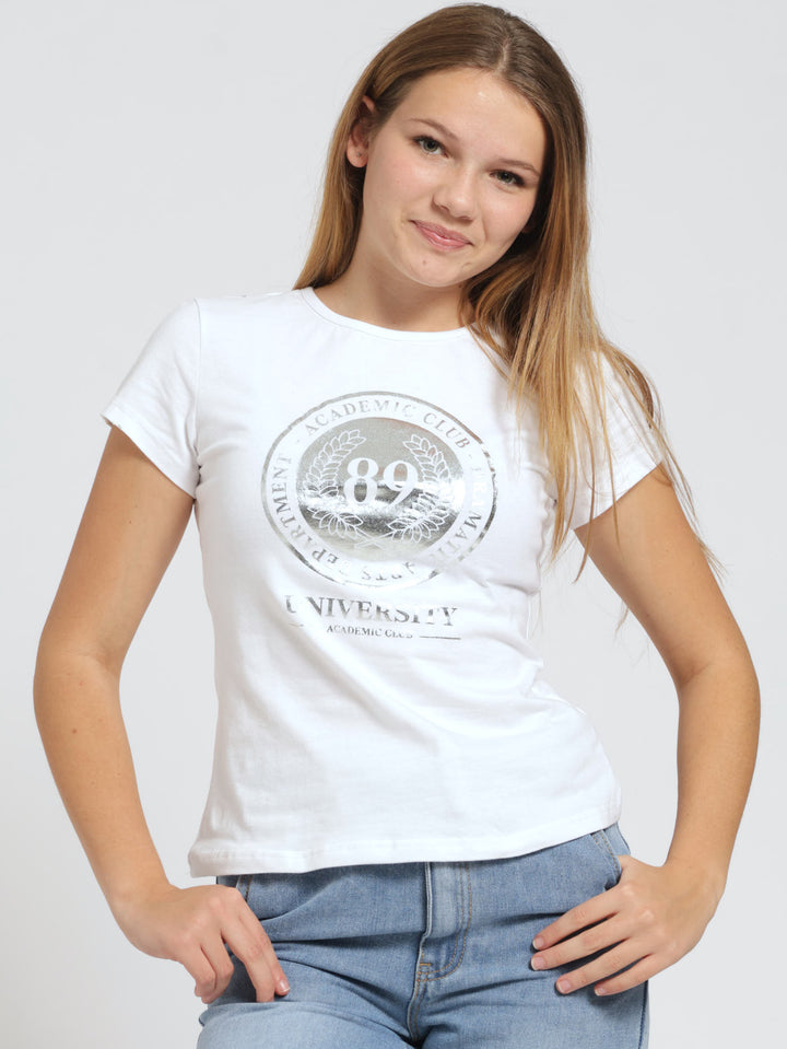 Girls Regular Univeristy Tee - White