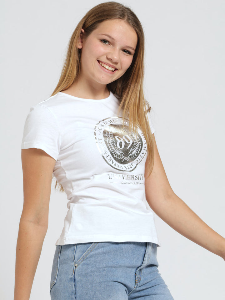 Girls Regular Univeristy Tee - White