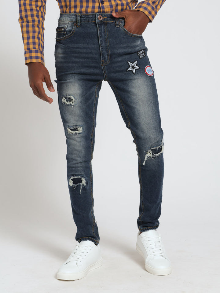 Boys Slim Badge Rip & Repar Denim Jeans - Indigo