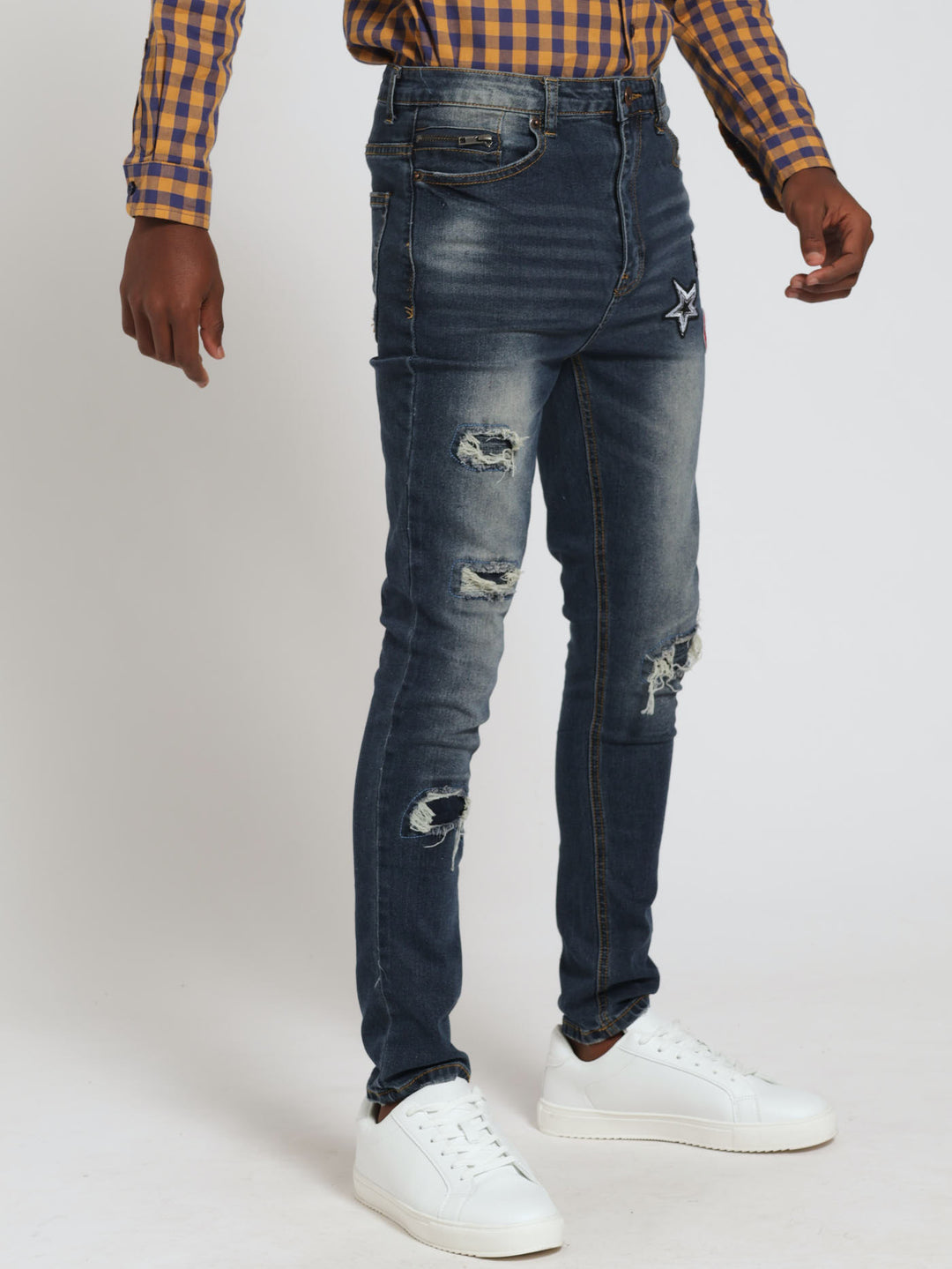 Boys Slim Badge Rip & Repar Denim Jeans - Indigo