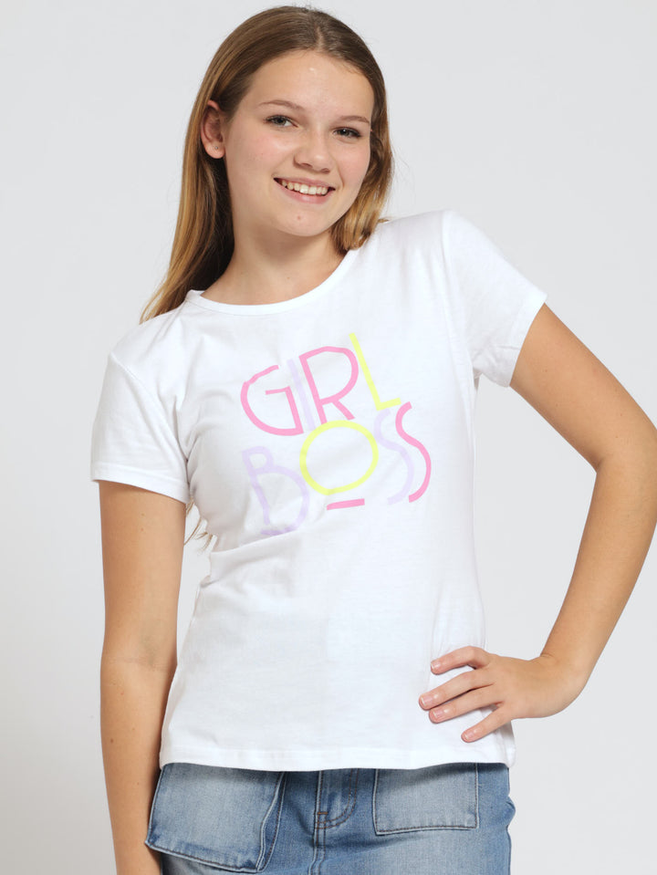 Girls Regular Boss Tee - White