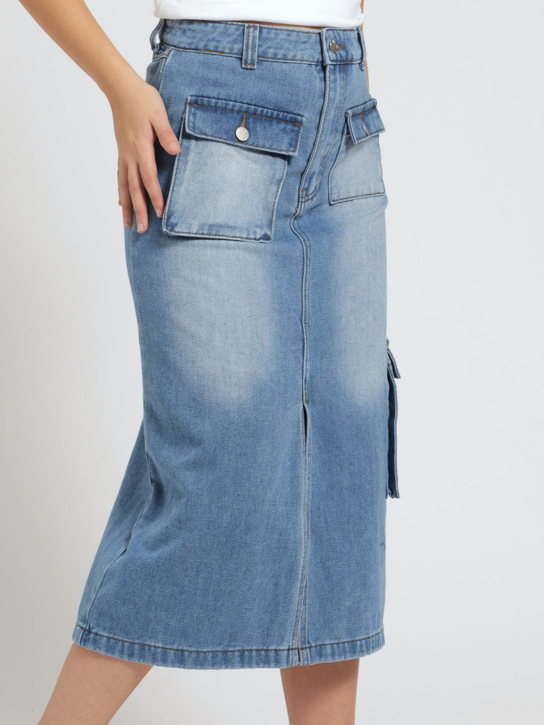 Girls Denim Cargo Maxi Skirt - Mid Blue