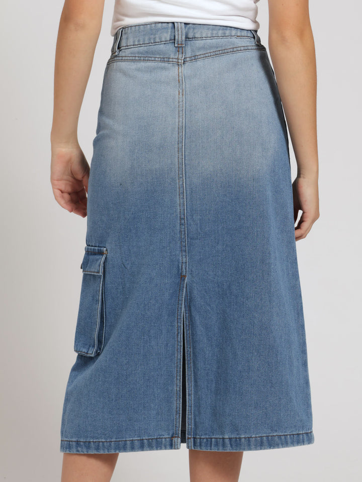 Girls Denim Cargo Maxi Skirt - Mid Blue