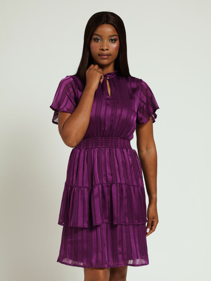 Tie Up Neck Shirred Waisted Tea Dress - Dark Purple