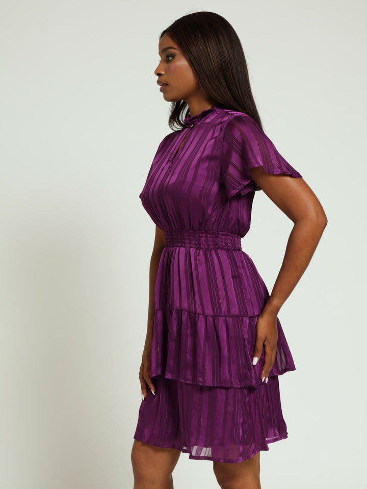 Tie Up Neck Shirred Waisted Tea Dress - Dark Purple