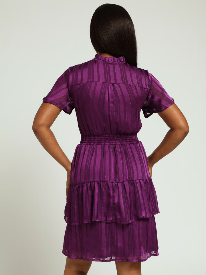 Tie Up Neck Shirred Waisted Tea Dress - Dark Purple