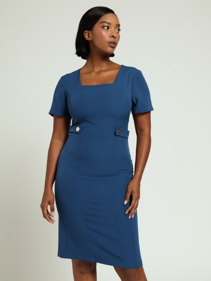 Square Neck Tab Pencil Dress - Dark Blue