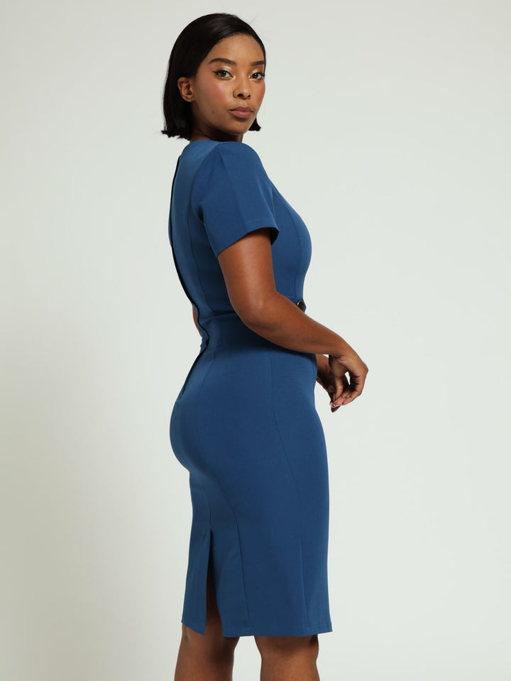 Square Neck Tab Pencil Dress - Dark Blue