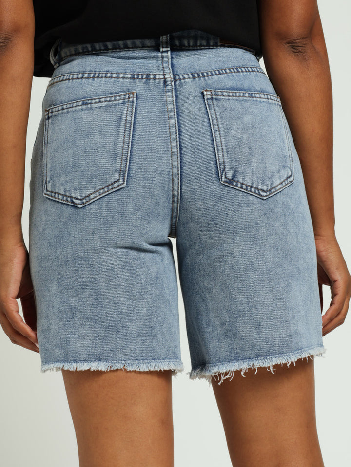 Raw Hem Boyfriend Mid Thigh Denim Short - Dark Wash Ink