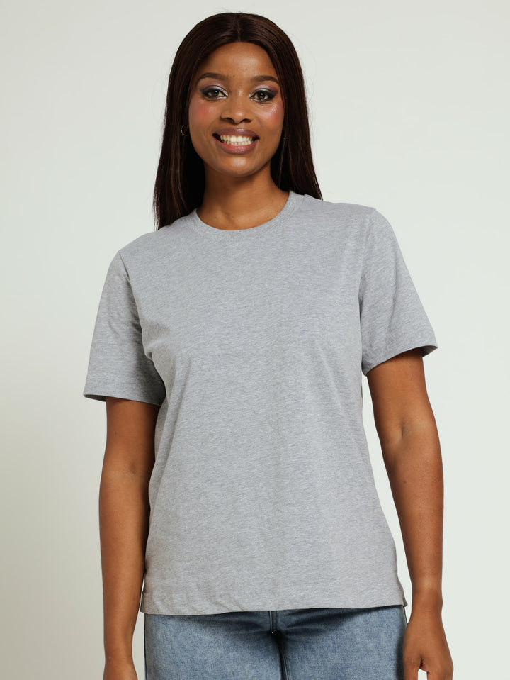 Rib Neck Cotton Boxy Tee - Grey Melange