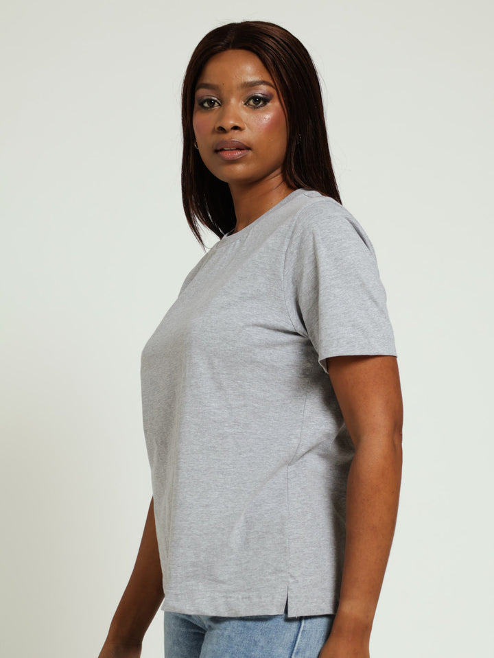 Rib Neck Cotton Boxy Tee - Grey Melange