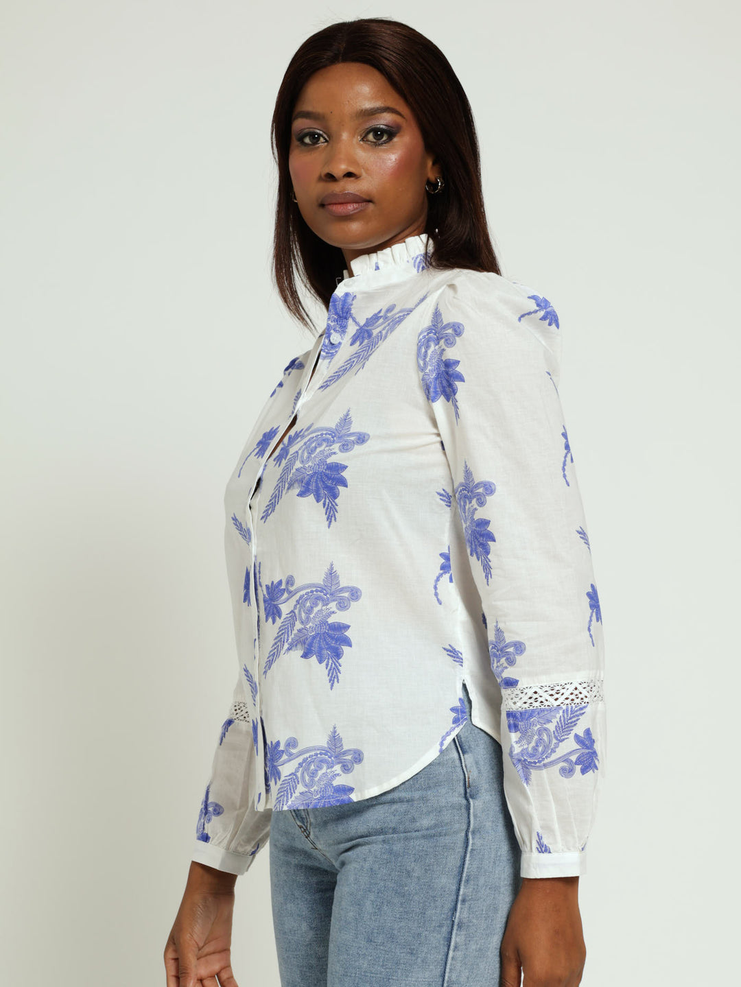 Long Sleeve Lace Inset Frill Neck Shirt - White/Blue