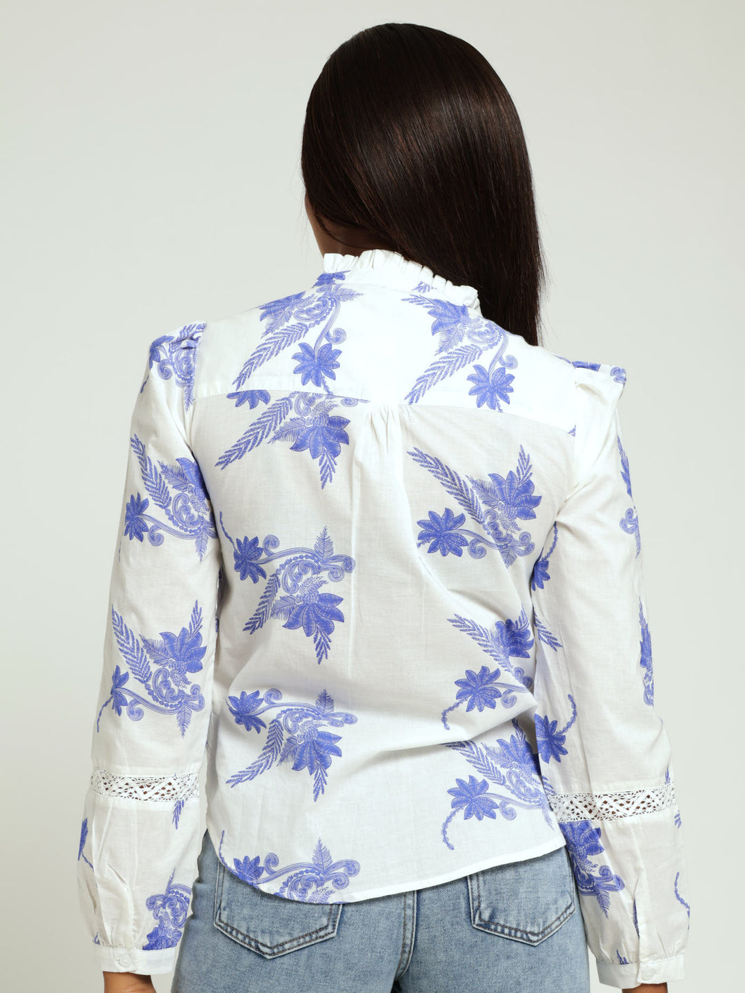 Long Sleeve Lace Inset Frill Neck Shirt - White/Blue