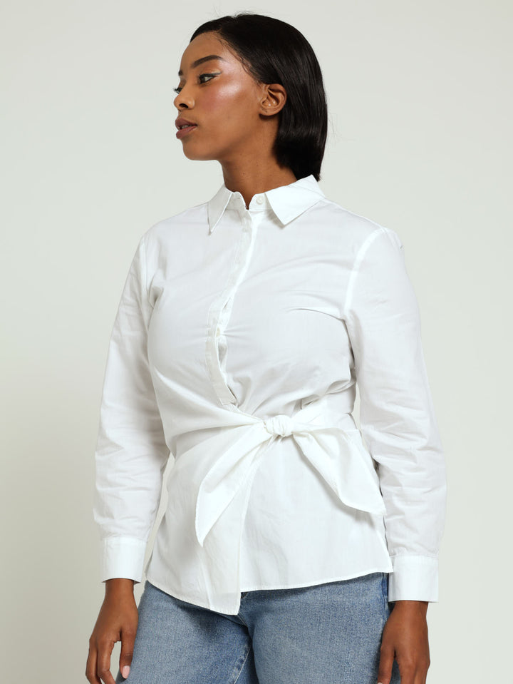 Long Sleeve Side Tie Detail Shirt - White