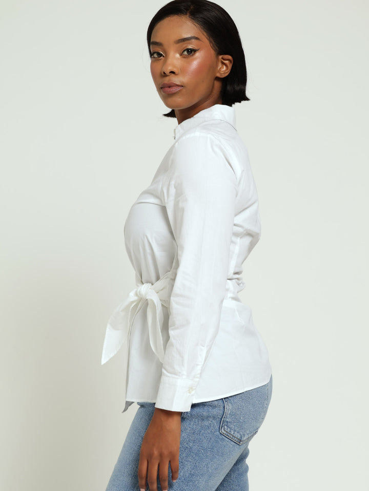 Long Sleeve Side Tie Detail Shirt - White