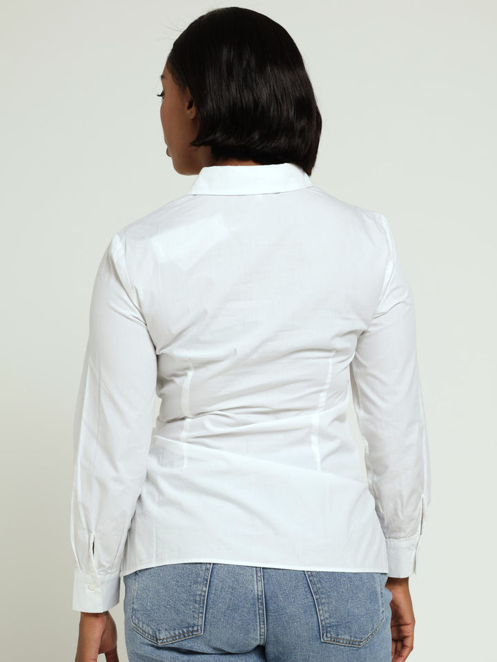 Long Sleeve Side Tie Detail Shirt - White