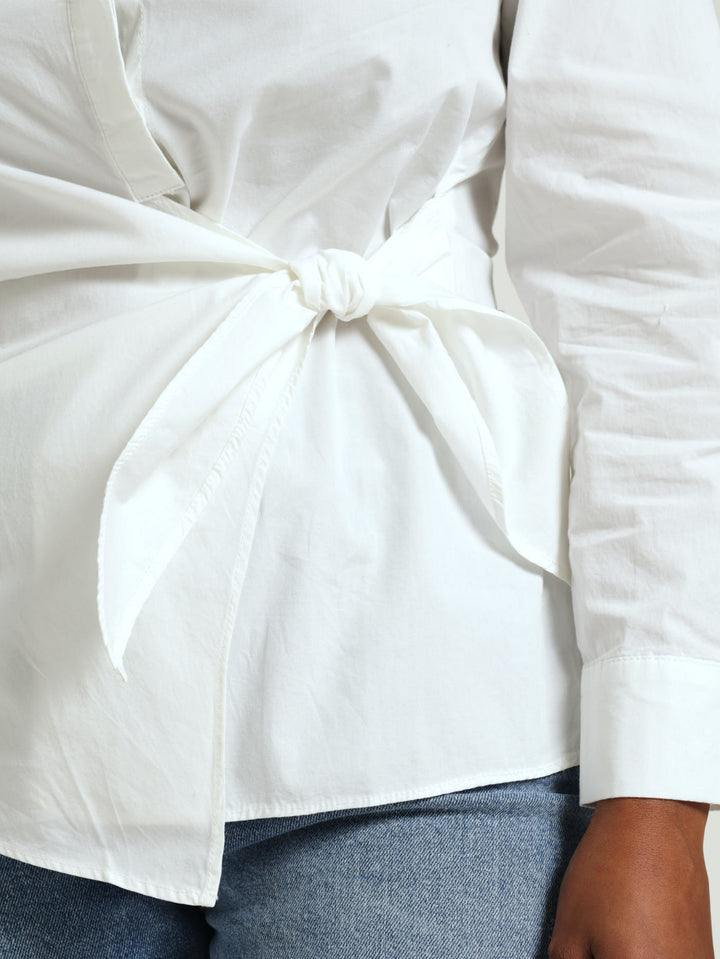 Long Sleeve Side Tie Detail Shirt - White