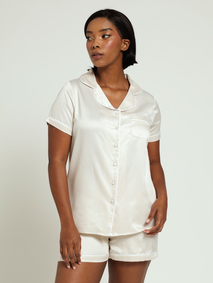 Satin Plain Button Through Sleep Short - Oatmeal