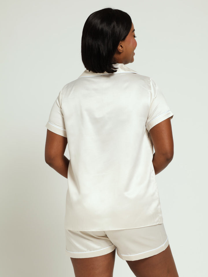 Satin Plain Button Through Sleep Short - Oatmeal