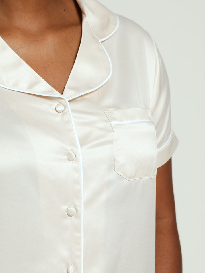 Satin Plain Button Through Sleep Short - Oatmeal