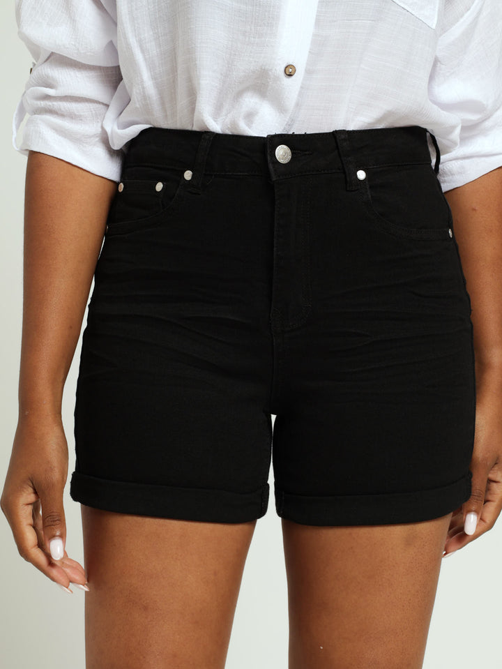 Roll Hem  Mid Thigh Classic Denim Short - Black