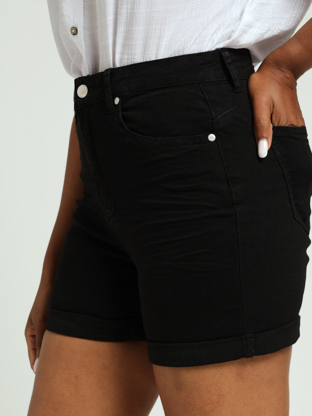 Roll Hem  Mid Thigh Classic Denim Short - Black