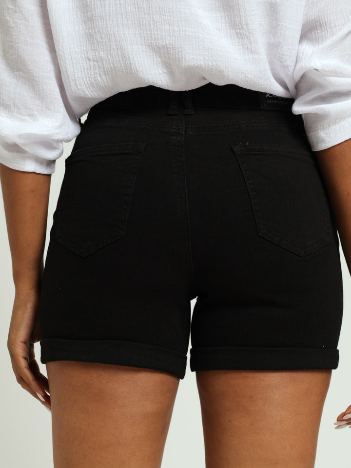 Roll Hem  Mid Thigh Classic Denim Short - Black