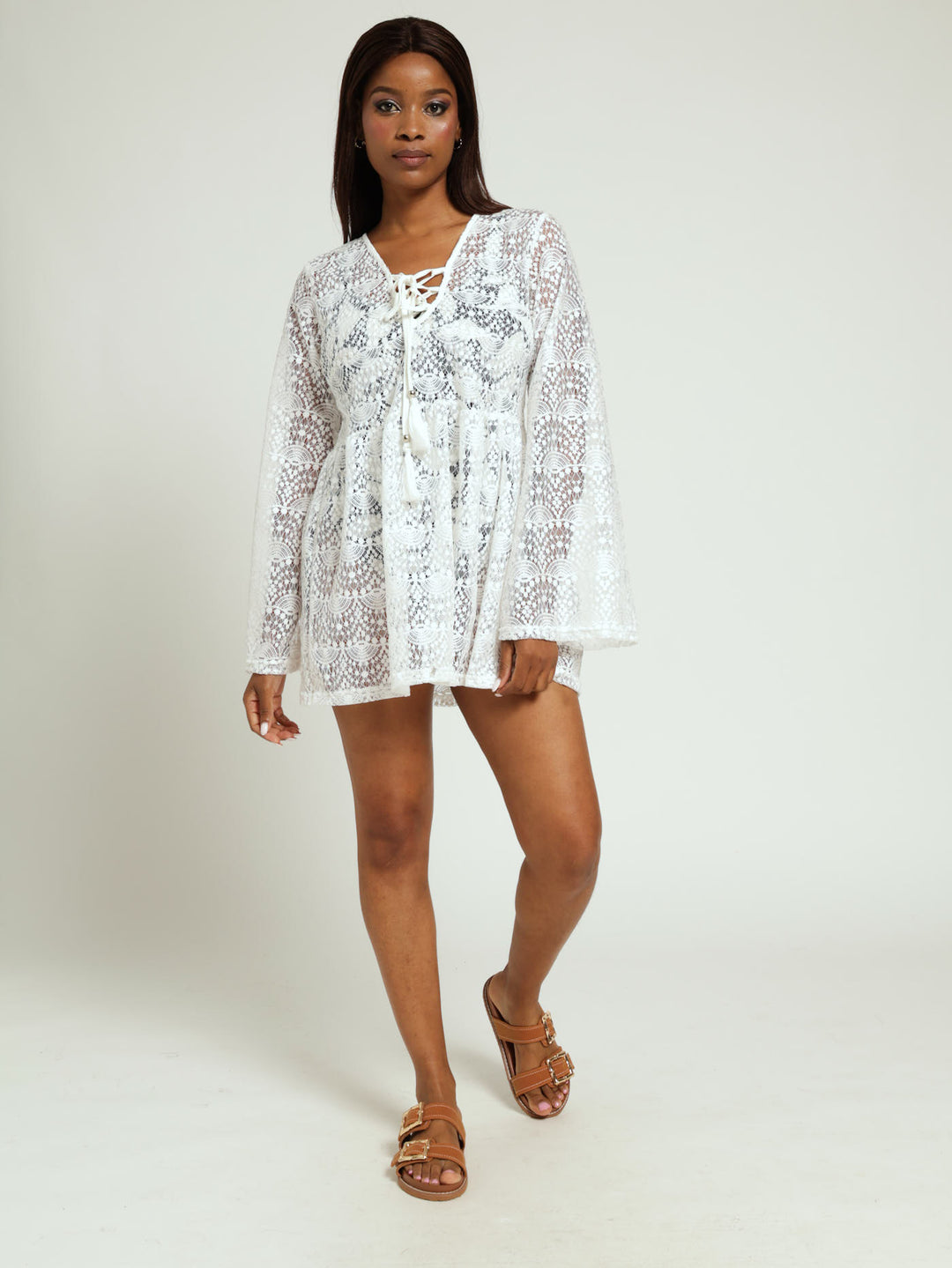 Long Sleeve Lace Mini Dress - White