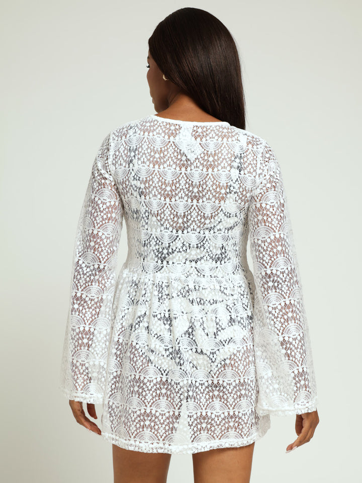 Long Sleeve Lace Mini Dress - White