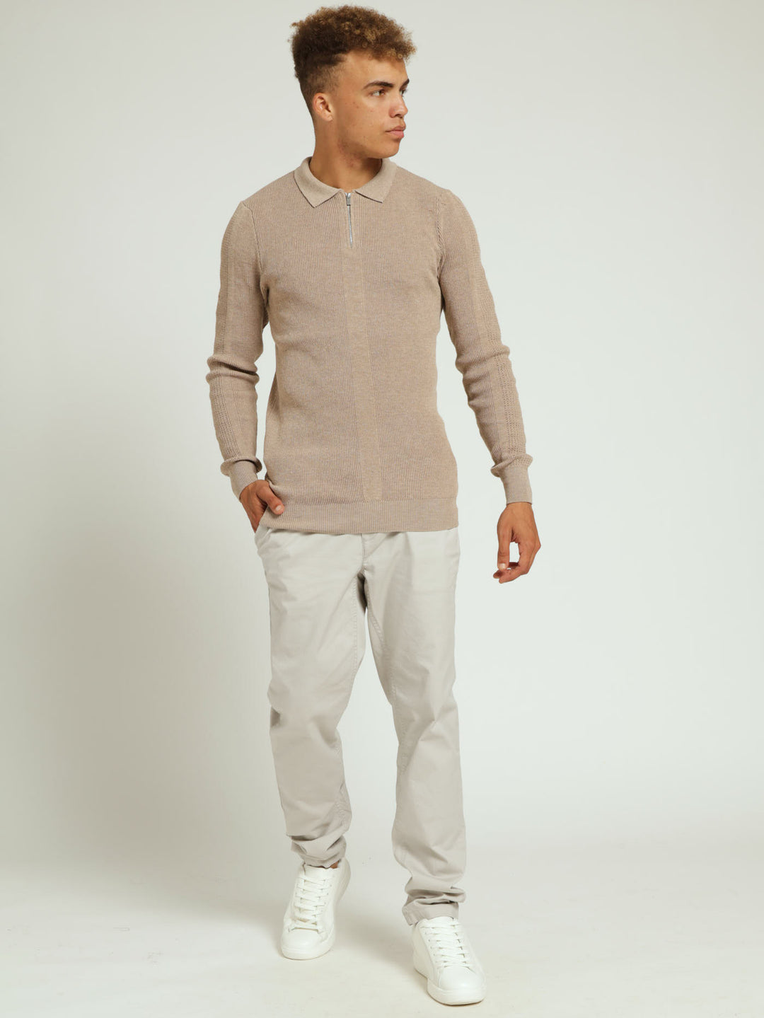 Long Sleeve Zip Rib Muscle Knitwear - Stone