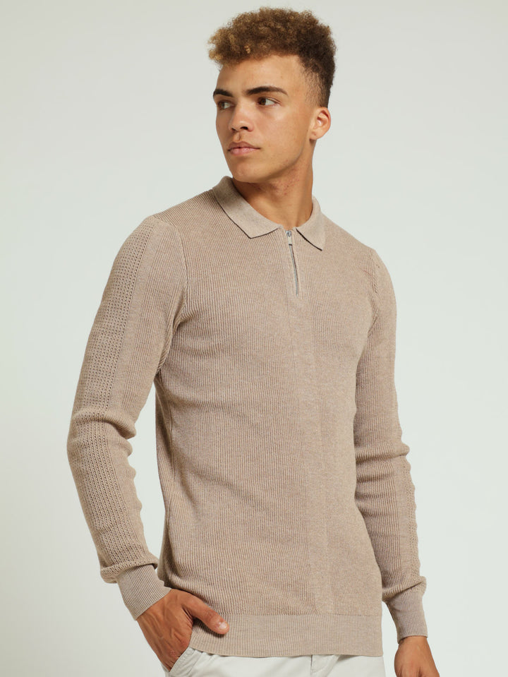 Long Sleeve Zip Rib Muscle Knitwear - Stone