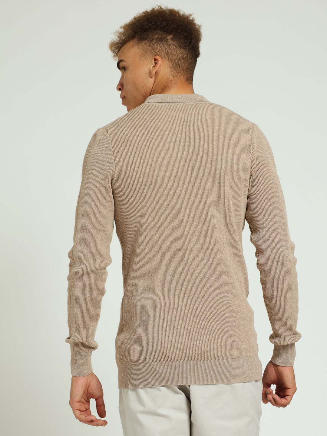 Long Sleeve Zip Rib Muscle Knitwear - Stone