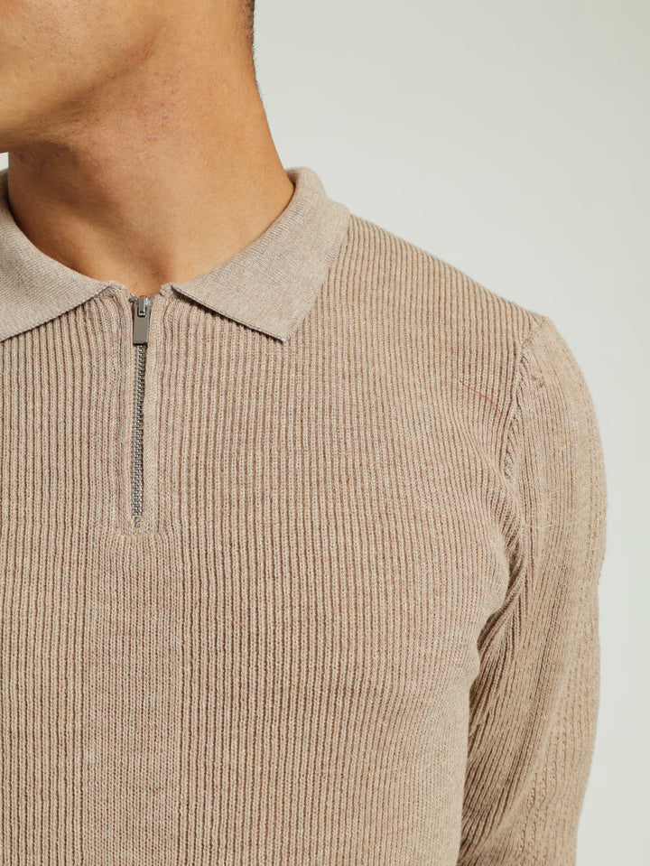 Long Sleeve Zip Rib Muscle Knitwear - Stone