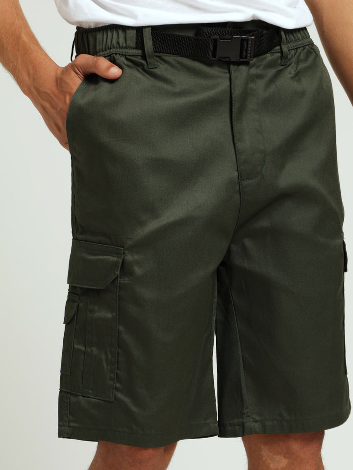 Twill Belted Cargo Shorts - Olive