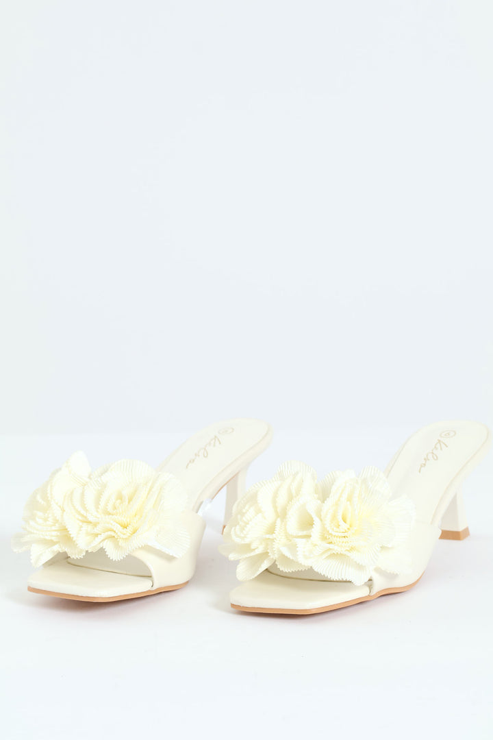 Plisse Flower Kitten Mule Heel - White