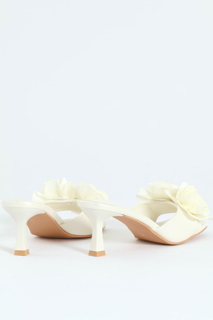 Plisse Flower Kitten Mule Heel - White