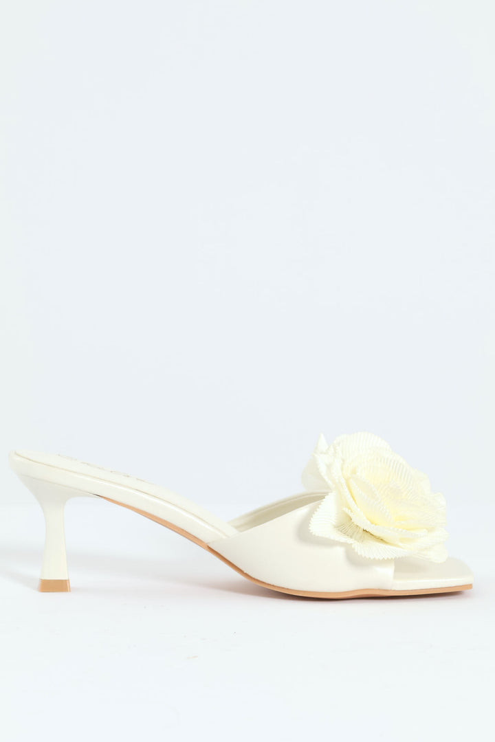 Plisse Flower Kitten Mule Heel - White