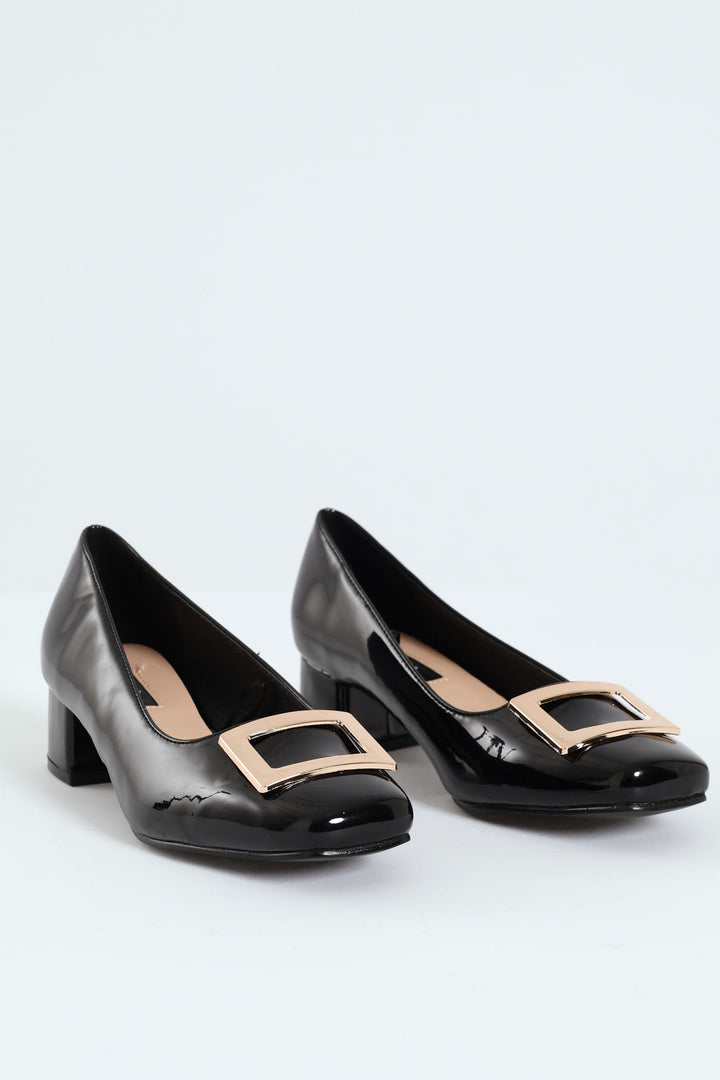 Square Toe Court Heel With Trim - Black