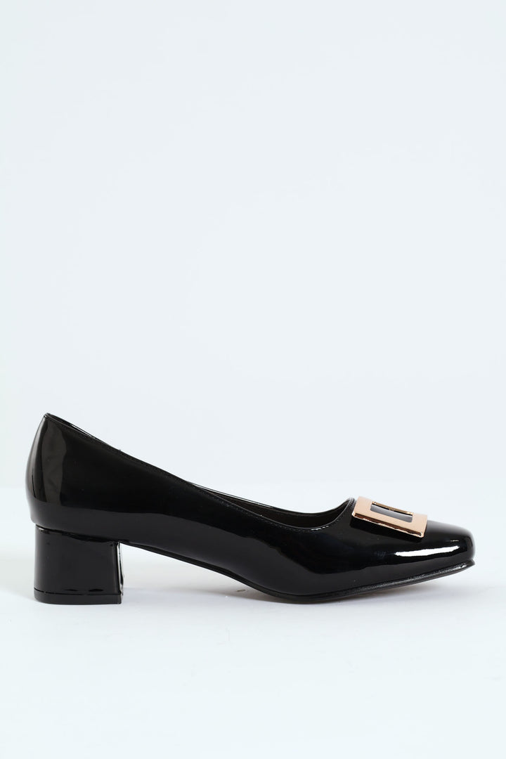 Square Toe Court Heel With Trim - Black